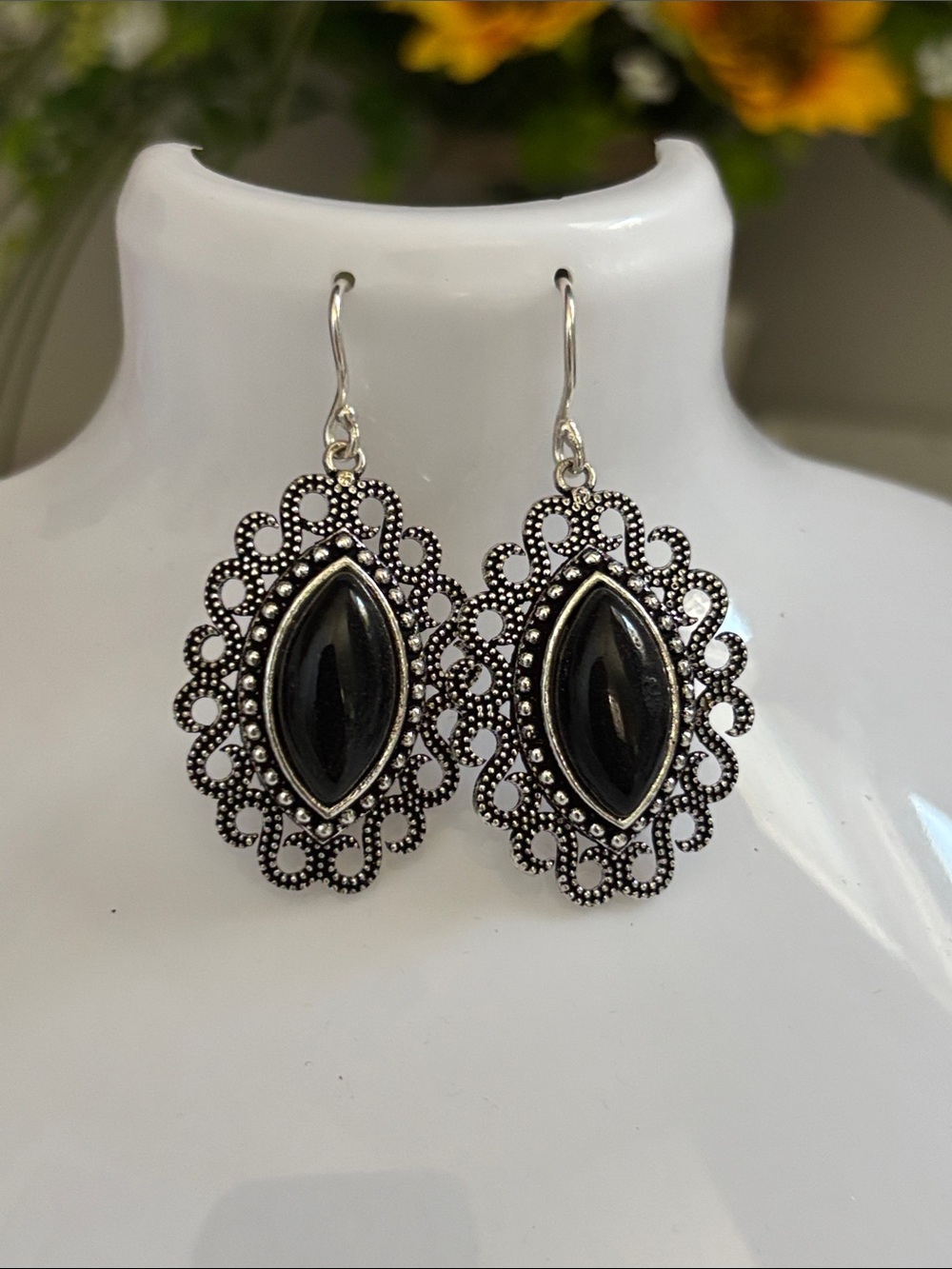 Sterling Black Onyx Vintage Style Gemstone Earrings